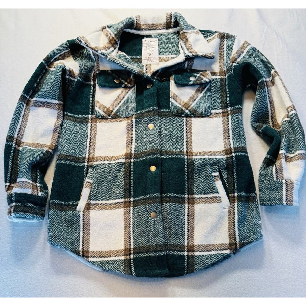 Fornia Kids Shacket Green Plaid Small /8 Snap Front‎ Shirt Jacket Fleece